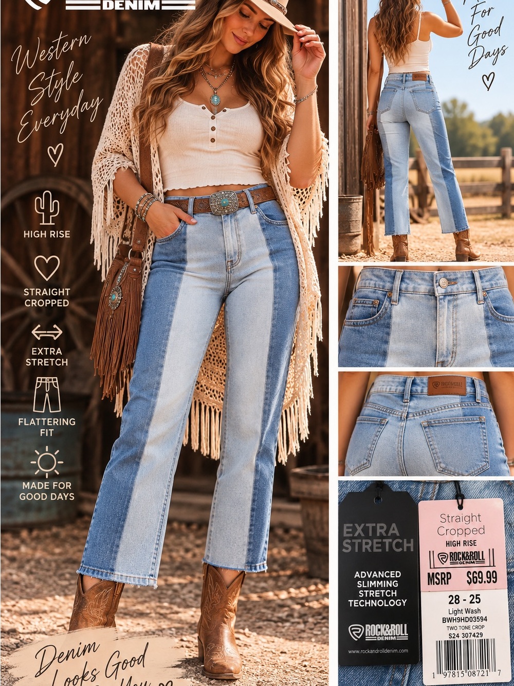 Rock & Roll Denim Two Tone High Rise Straight Cropped Jeans NWT | 28x25